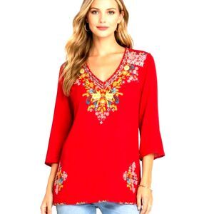 Johnny Was Embroidered Tunic Top Red Floral Boho Resort Blouse Size M